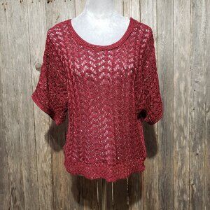 Dressbarn M Sweater Burgundy Gold Metallic Short Sleeve Crochet Lace Women's